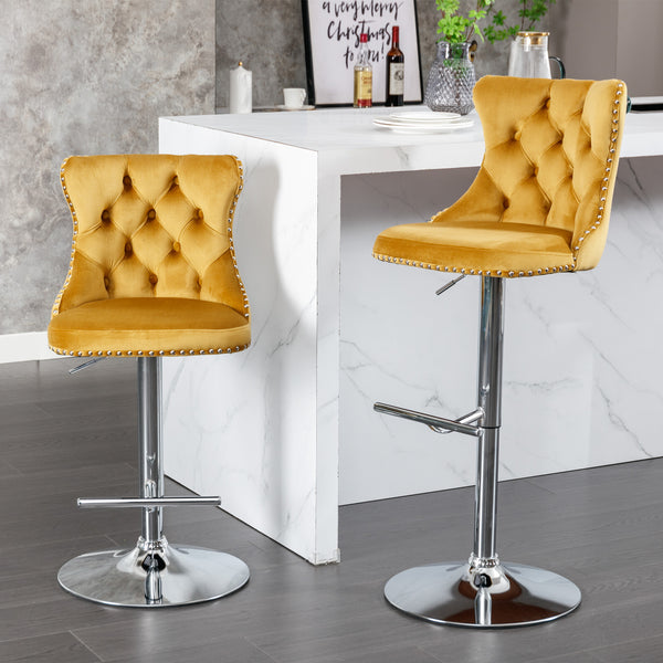 English Elm A&A Velvet Swivel Barstool with Back, Adjustable 25–33" Height, Tufted Upholstery & Chrome Base Gold W114383662