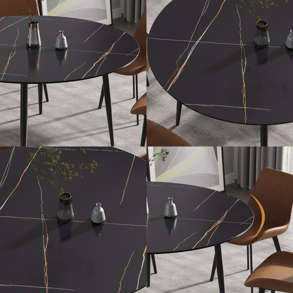 English Elm 59.05"Modern Round Black Metal Dining Table - Seats 6, Durable Sintered Stone Top, Stylish Design W1535S00248
