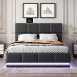 English Elm Tufted Upholstered Platform Bed With Hydraulic Storage System,Queen Size Pu Storage Bed With Led Lights and Usb Charger, Black