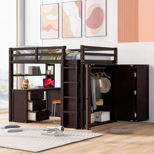 English Elm Full Size Loft Bed with Desk Wardrobe and Drawers Pine Wood Teen Bedroom Espresso LT000302AAP-1