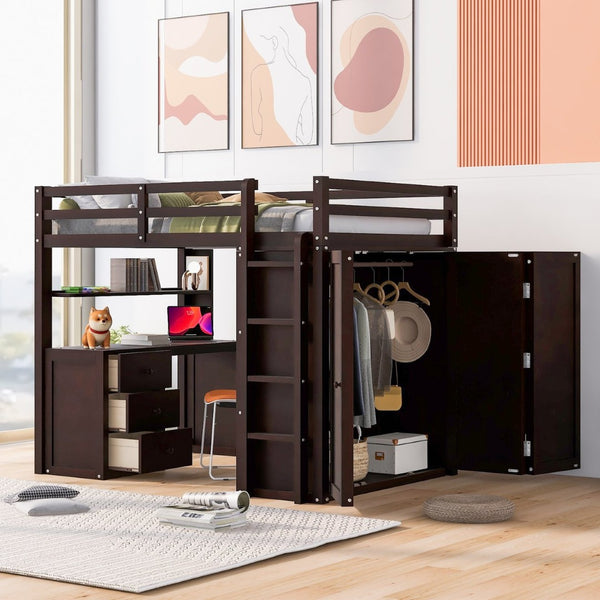 English Elm Full Size Loft Bed with Desk Wardrobe and Drawers Pine Wood Teen Bedroom Espresso LT000302AAP-1