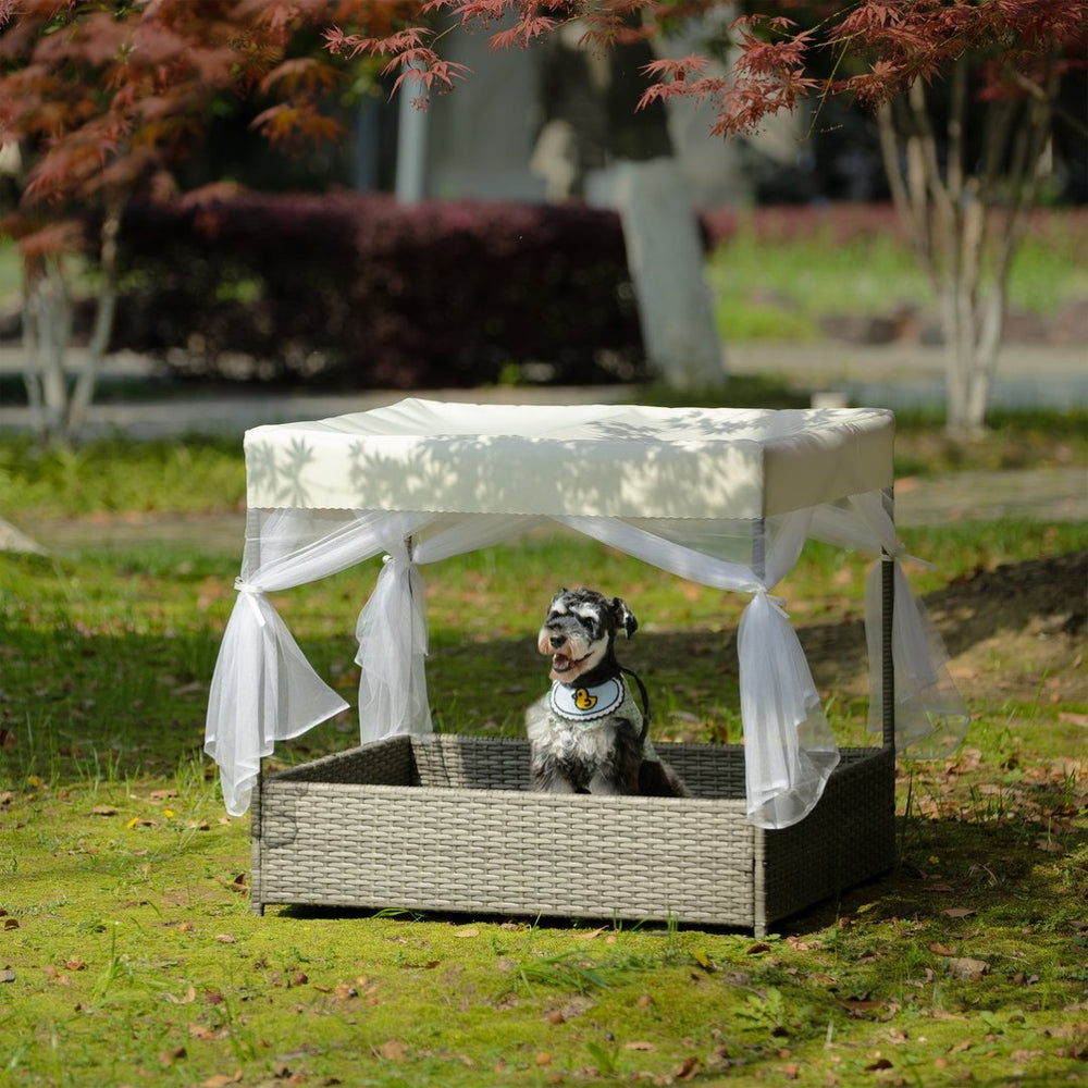 English Elm Dog Patio Bed with Pe Wicker Frame Mesh Curtain and Washable Cushion for Outdoor Use W170390117