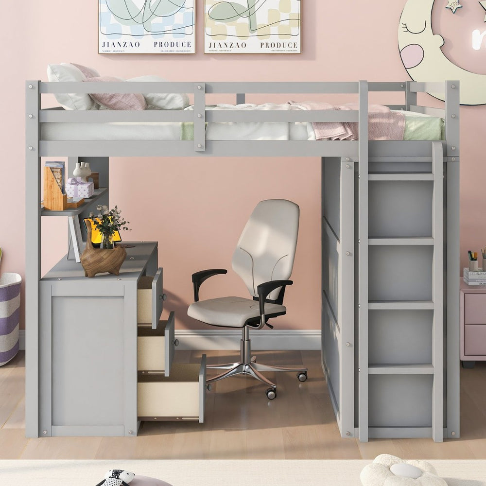 English Elm Full Size Loft Bed with Desk Wardrobe and Drawers Pine Wood Teen Bedroom Gray LT000302AAE-1