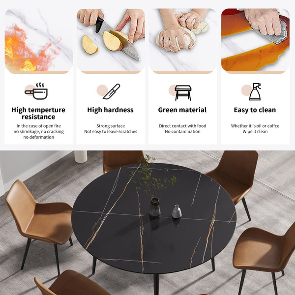 English Elm 59.05"Modern Round Black Metal Dining Table - Seats 6, Durable Sintered Stone Top, Stylish Design W1535S00248