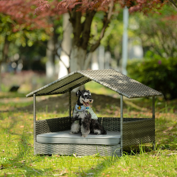 English Elm Dog Dark Grey PE Wicker Pet Bed with Canopy - Durable Metal Frame, 2" Plush Polyester Cushion, Outdoor Patio-Friendly W1703P188889