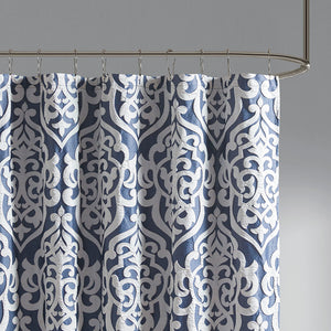 English Elm Jacquard Shower Curtain – Elegant Silver Damask On Navy Jacquard, Luxurious Texture For Your Bathroom! B03598657