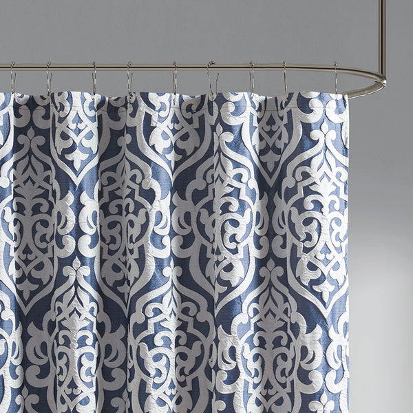 English Elm Jacquard Shower Curtain – Elegant Silver Damask On Navy Jacquard, Luxurious Texture For Your Bathroom! B03598657