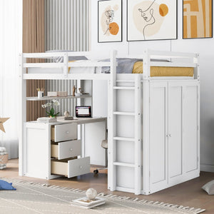 English Elm Full Size Loft Bed with Desk Wardrobe and Drawers Pine Wood Teen Bedroom White LT000302AAK-1