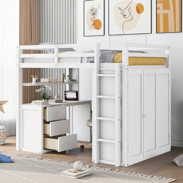 English Elm Full Size Loft Bed with Desk Wardrobe and Drawers Pine Wood Teen Bedroom White LT000302AAK-1