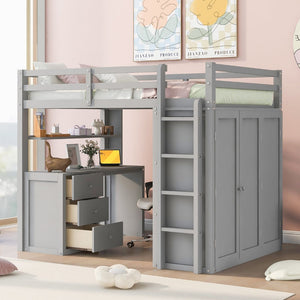 English Elm Full Size Loft Bed with Desk Wardrobe and Drawers Pine Wood Teen Bedroom Gray LT000302AAE-1