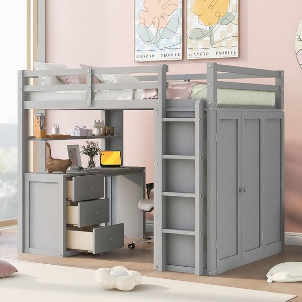 English Elm Full Size Loft Bed with Desk Wardrobe and Drawers Pine Wood Teen Bedroom Gray LT000302AAE-1