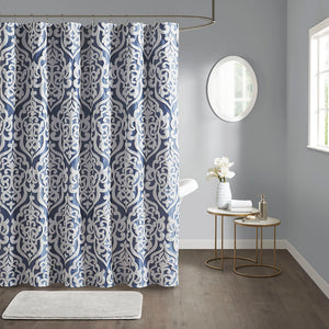 English Elm Jacquard Shower Curtain – Elegant Silver Damask On Navy Jacquard, Luxurious Texture For Your Bathroom! B03598657