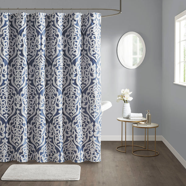 English Elm Jacquard Shower Curtain – Elegant Silver Damask On Navy Jacquard, Luxurious Texture For Your Bathroom! B03598657