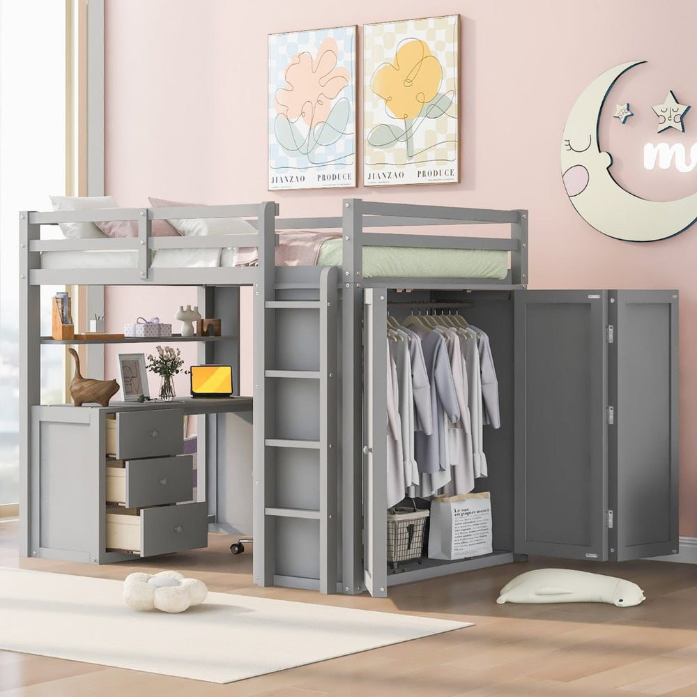 English Elm Full Size Loft Bed with Desk Wardrobe and Drawers Pine Wood Teen Bedroom Gray LT000302AAE-1