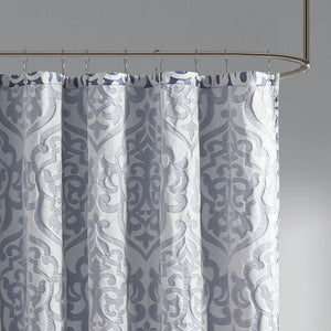 English Elm Jacquard Shower Curtain – Elegant Silver Damask On Navy Jacquard, Luxurious Texture For Your Bathroom! B03598657