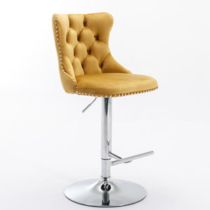 English Elm A&A Velvet Swivel Barstool with Back, Adjustable 25–33" Height, Tufted Upholstery & Chrome Base Gold W114383662