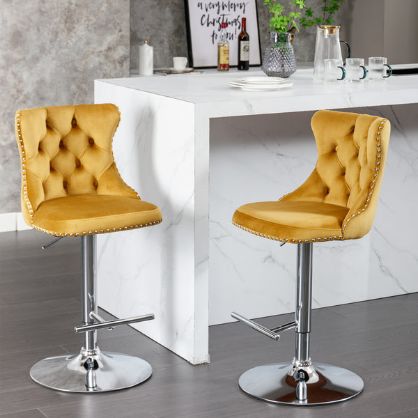 English Elm A&A Velvet Swivel Barstool with Back, Adjustable 25–33" Height, Tufted Upholstery & Chrome Base Gold W114383662