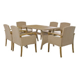 7 Piece PE Rattan Patio Dining Table Set with Wood Tabletop and Cushions