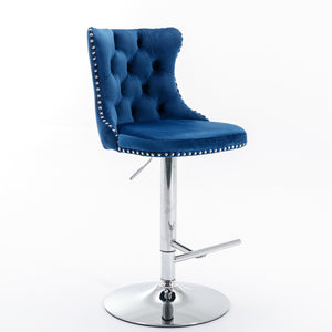 English Elm Swivel Velvet Tufted Barstool with Hand-Pulled Buttons, Adjustable 25–33" Height, Chrome Base Durable Blue W1143P309420