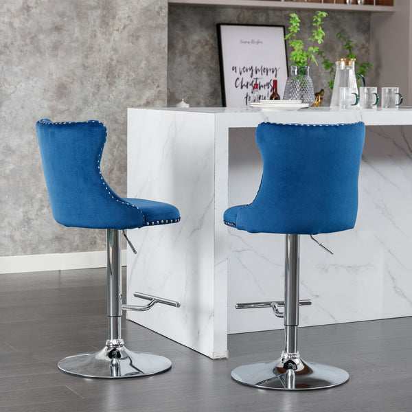 English Elm Swivel Velvet Tufted Barstool with Hand-Pulled Buttons, Adjustable 25–33" Height, Chrome Base Durable Blue W1143P309420