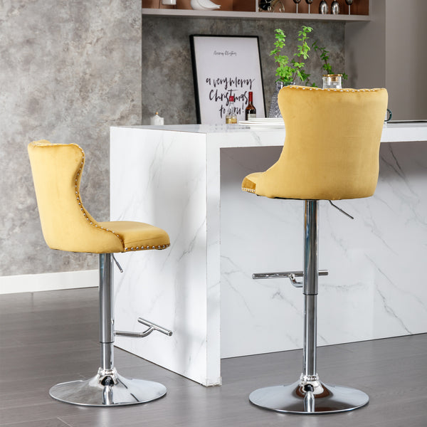 English Elm A&A Velvet Swivel Barstool with Back, Adjustable 25–33" Height, Tufted Upholstery & Chrome Base Gold W114383662