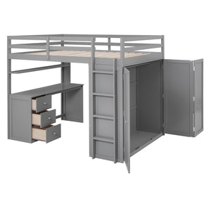 English Elm Full Size Loft Bed with Desk Wardrobe and Drawers Pine Wood Teen Bedroom Gray LT000302AAE-1
