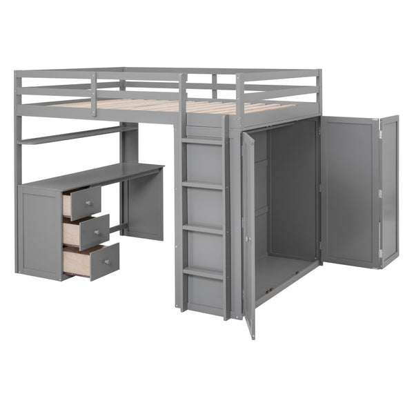 English Elm Full Size Loft Bed with Desk Wardrobe and Drawers Pine Wood Teen Bedroom Gray LT000302AAE-1