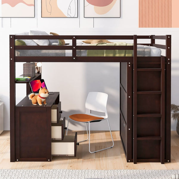 English Elm Full Size Loft Bed with Desk Wardrobe and Drawers Pine Wood Teen Bedroom Espresso LT000302AAP-1