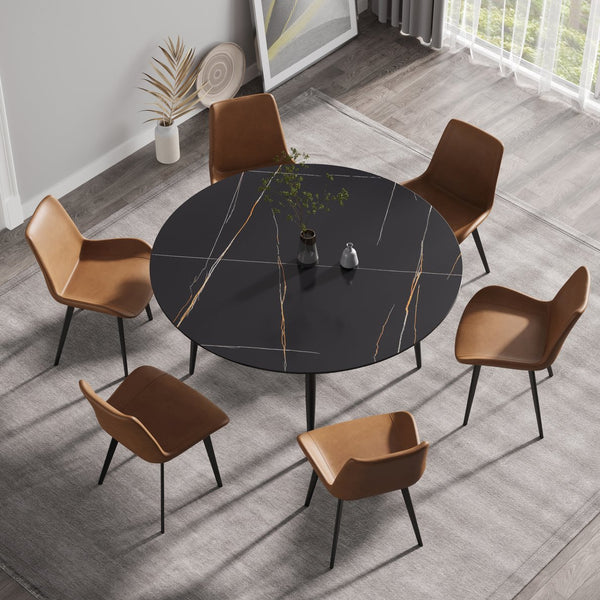 English Elm 59.05"Modern Round Black Metal Dining Table - Seats 6, Durable Sintered Stone Top, Stylish Design W1535S00248