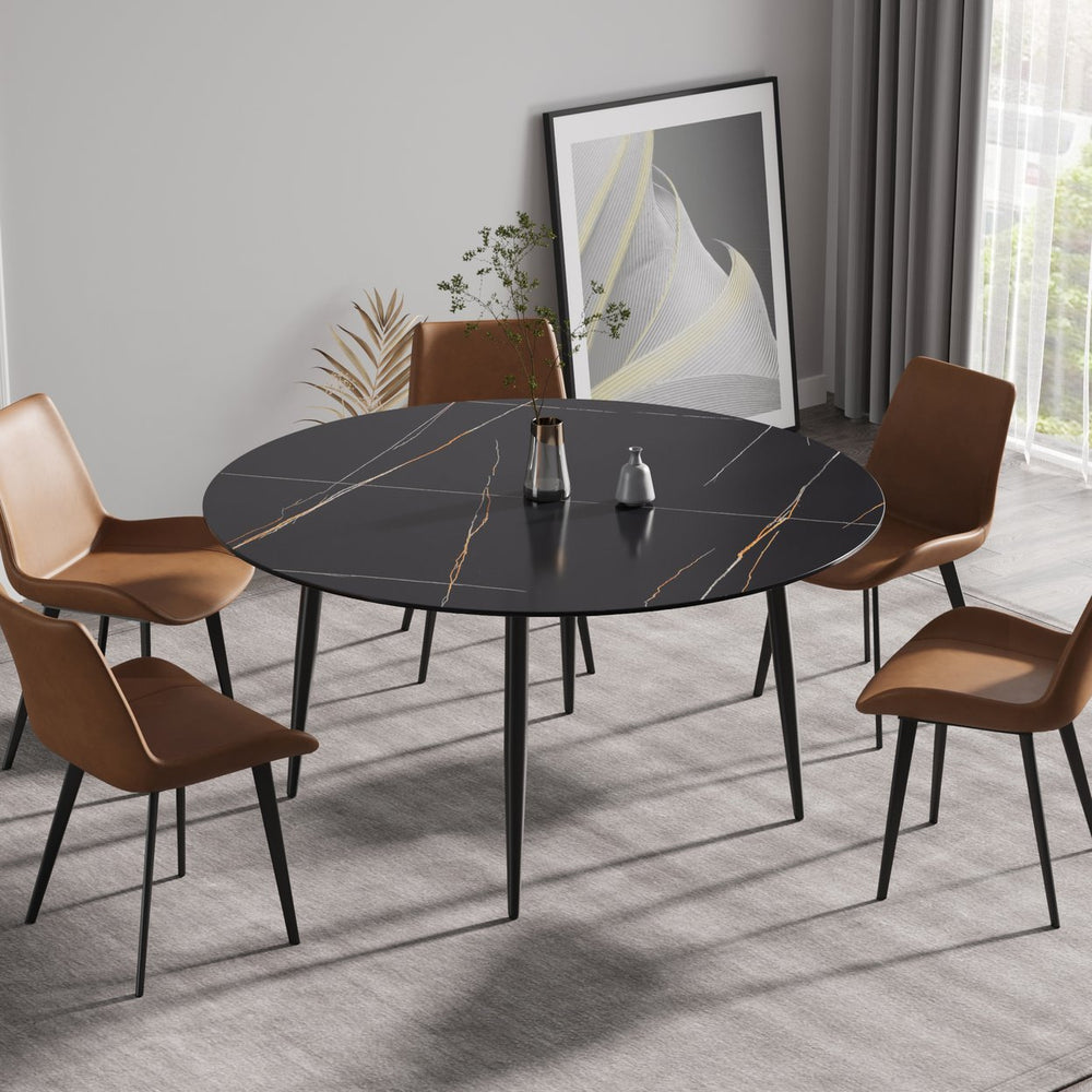 English Elm 59.05"Modern Round Black Metal Dining Table - Seats 6, Durable Sintered Stone Top, Stylish Design W1535S00248