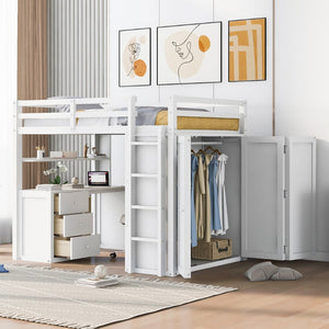 English Elm Full Size Loft Bed with Desk Wardrobe and Drawers Pine Wood Teen Bedroom White LT000302AAK-1
