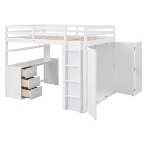 English Elm Full Size Loft Bed with Desk Wardrobe and Drawers Pine Wood Teen Bedroom White LT000302AAK-1