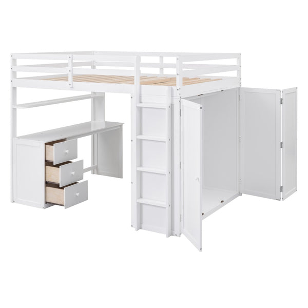 English Elm Full Size Loft Bed with Desk Wardrobe and Drawers Pine Wood Teen Bedroom White LT000302AAK-1