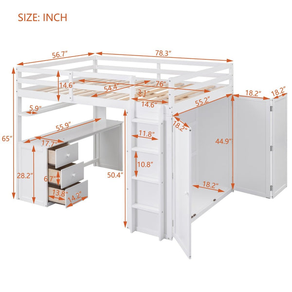 English Elm Full Size Loft Bed with Desk Wardrobe and Drawers Pine Wood Teen Bedroom White LT000302AAK-1
