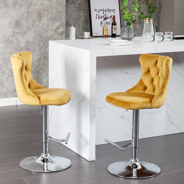 English Elm A&A Velvet Swivel Barstool with Back, Adjustable 25–33" Height, Tufted Upholstery & Chrome Base Gold W114383662