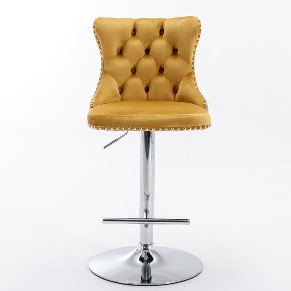 English Elm A&A Velvet Swivel Barstool with Back, Adjustable 25–33" Height, Tufted Upholstery & Chrome Base Gold W114383662