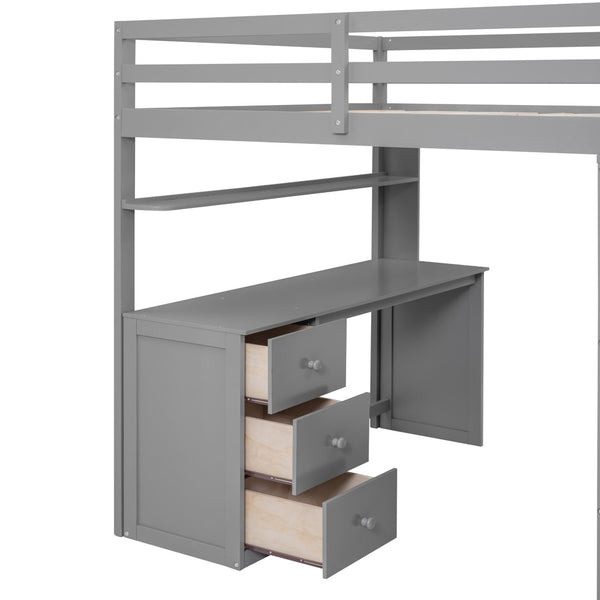 English Elm Full Size Loft Bed with Desk Wardrobe and Drawers Pine Wood Teen Bedroom Gray LT000302AAE-1