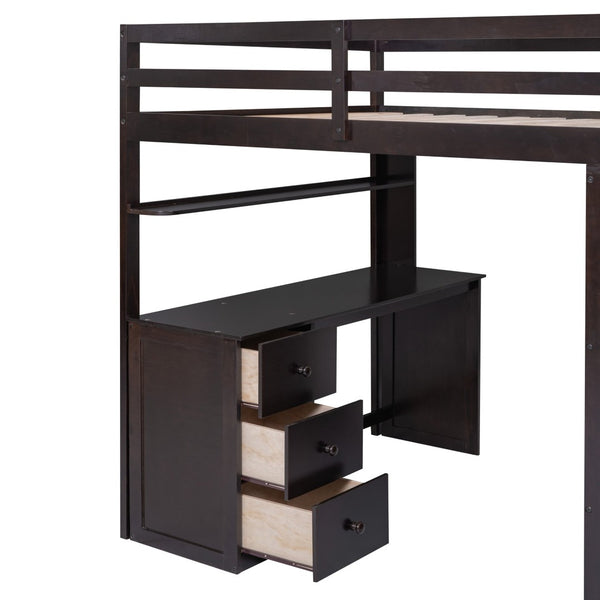 English Elm Full Size Loft Bed with Desk Wardrobe and Drawers Pine Wood Teen Bedroom Espresso LT000302AAP-1