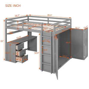English Elm Full Size Loft Bed with Desk Wardrobe and Drawers Pine Wood Teen Bedroom Gray LT000302AAE-1
