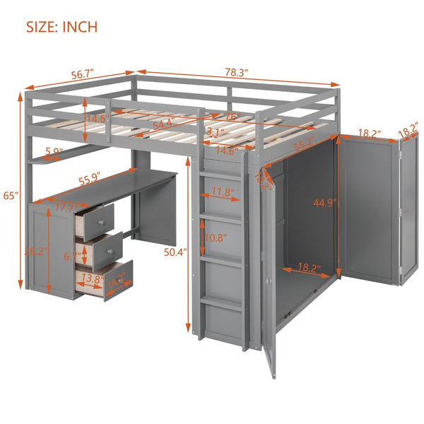English Elm Full Size Loft Bed with Desk Wardrobe and Drawers Pine Wood Teen Bedroom Gray LT000302AAE-1