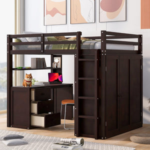 English Elm Full Size Loft Bed with Desk Wardrobe and Drawers Pine Wood Teen Bedroom Espresso LT000302AAP-1