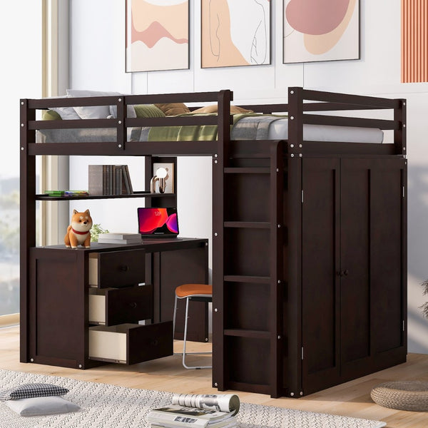 English Elm Full Size Loft Bed with Desk Wardrobe and Drawers Pine Wood Teen Bedroom Espresso LT000302AAP-1
