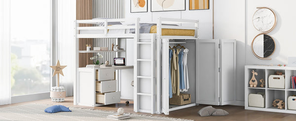 English Elm Full Size Loft Bed with Desk Wardrobe and Drawers Pine Wood Teen Bedroom White LT000302AAK-1
