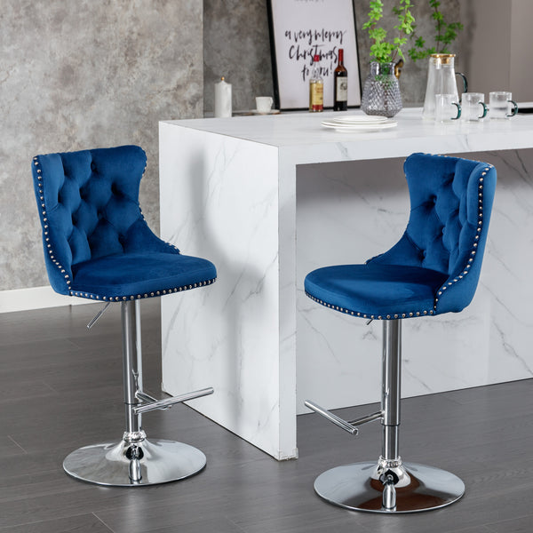 English Elm Swivel Velvet Barstools with Tufted Back and Waist Support, Adjustable 25–33" Height, Chrome Base Blue W1143P309420