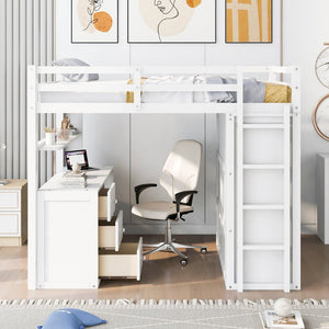 English Elm Full Size Loft Bed with Desk Wardrobe and Drawers Pine Wood Teen Bedroom White LT000302AAK-1