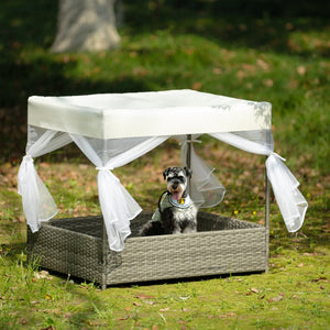English Elm Dog Patio Bed with Pe Wicker Frame Mesh Curtain and Washable Cushion for Outdoor Use W170390117