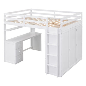 English Elm Full Size Loft Bed with Desk Wardrobe and Drawers Pine Wood Teen Bedroom White LT000302AAK-1
