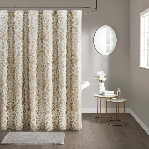 English Elm Jacquard Madison Park Odette Shower Curtain 72x72 Ivory Damask Medallion on Textured Tan Jacquard Fabric Tan+Ivory 3.35 L x 11.42 W x 8.66 H B03598671