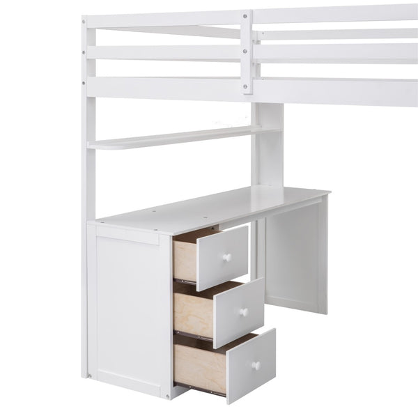 English Elm Full Size Loft Bed with Desk Wardrobe and Drawers Pine Wood Teen Bedroom White LT000302AAK-1