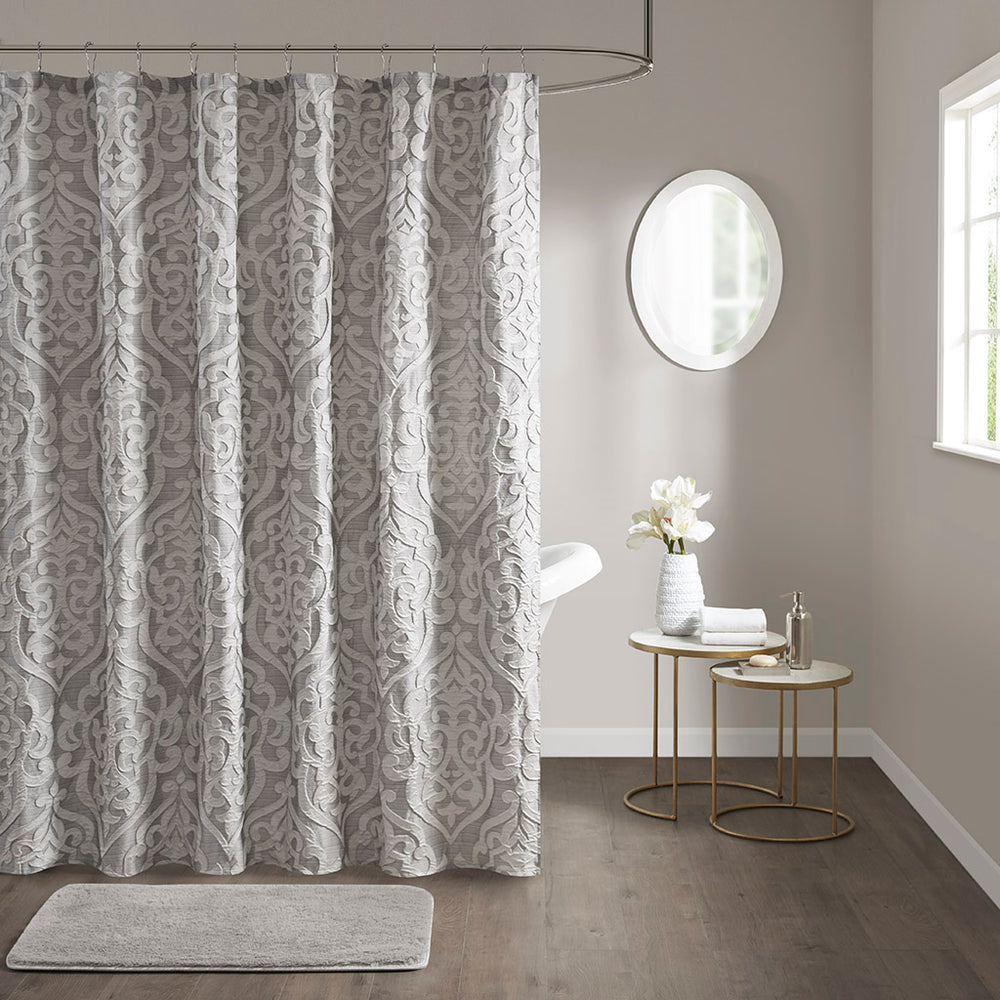 English Elm Jacquard Shower Curtain - Luxurious Textured Grey Damask Design For Elegant Bathroom Makeover! B03598656